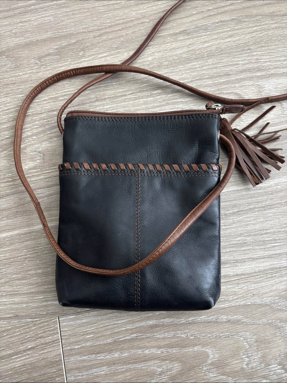 ILI Black and Brown Leather Crossbody Bag with Tassel Accent